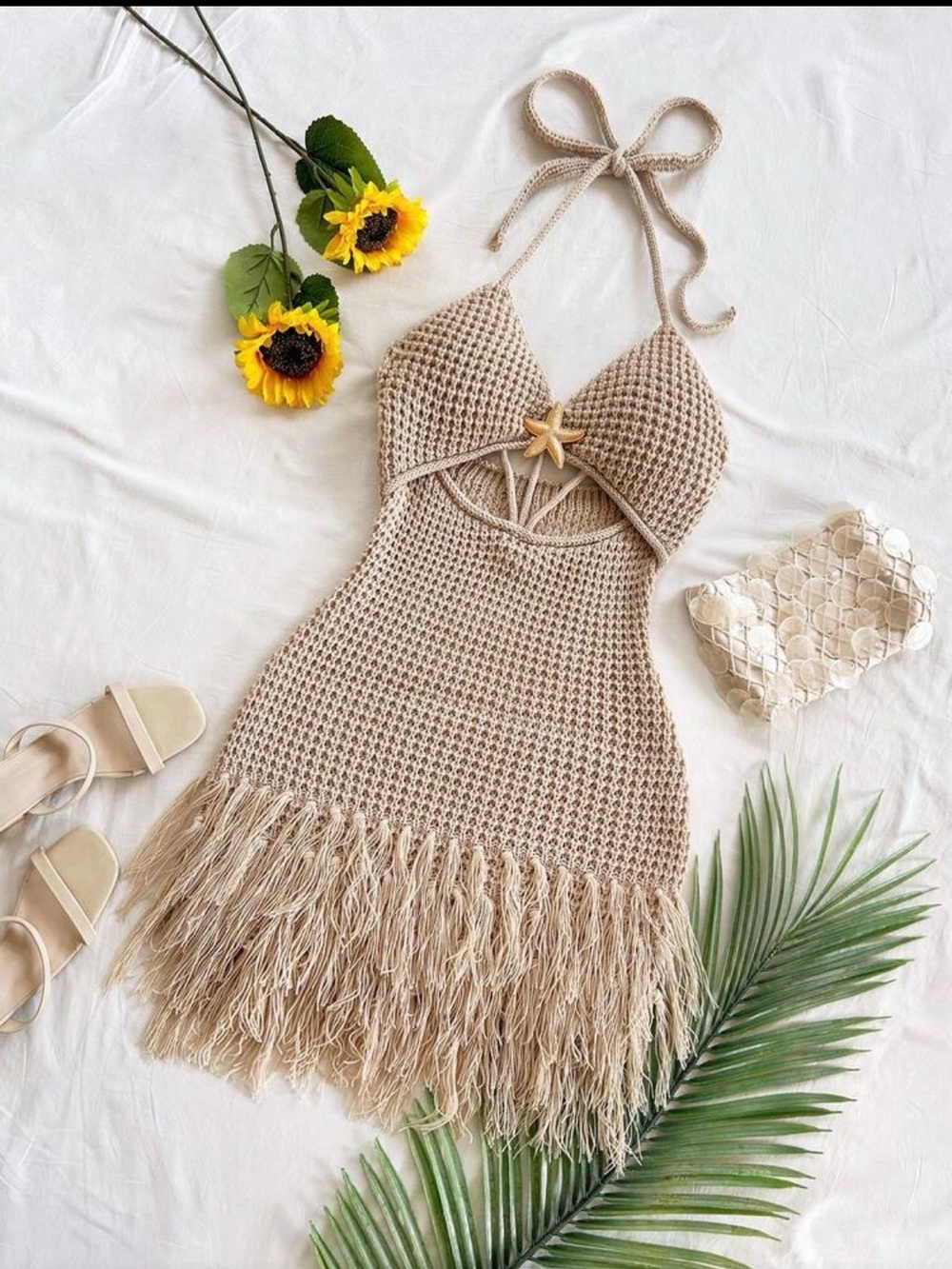 SHEIN Beige Crochet Halter Fringe Mini Dress